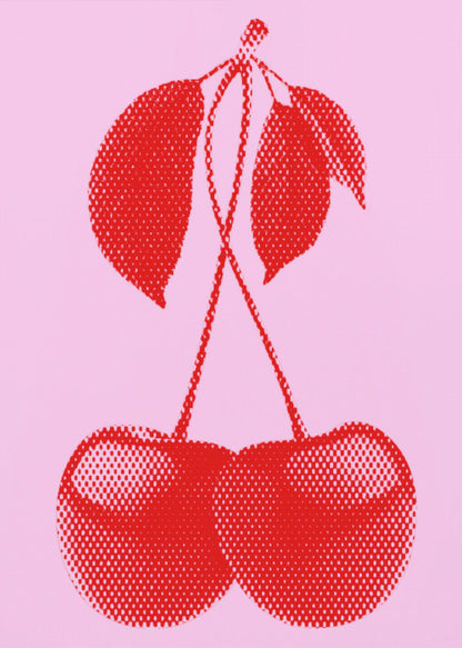A pop art style print of two bright red cherries with stems and leaves, rendered in a halftone dot pattern against a solid light pink background, enclosed in a simple black frame. Wall Art