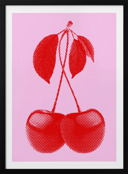 A pop art style print of two bright red cherries with stems and leaves, rendered in a halftone dot pattern against a solid light pink background, enclosed in a simple black frame. Wall Art
