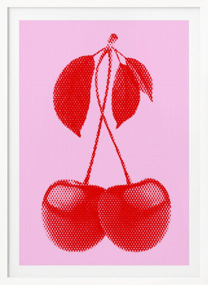 A pop art style print of two bright red cherries with stems and leaves, rendered in a halftone dot pattern against a solid light pink background, enclosed in a simple black frame. Wall Art
