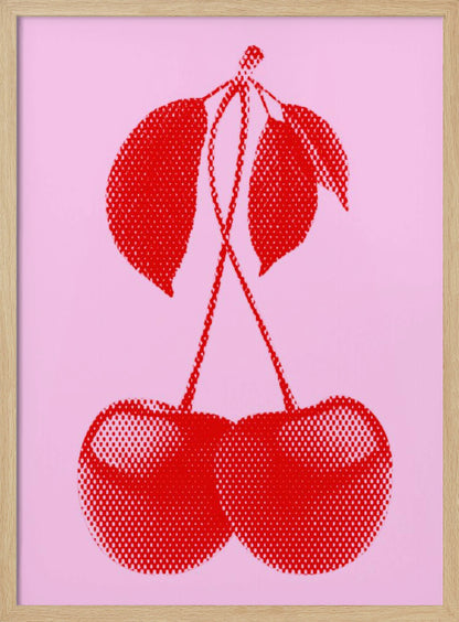 A pop art style print of two bright red cherries with stems and leaves, rendered in a halftone dot pattern against a solid light pink background, enclosed in a simple black frame. Wall Art