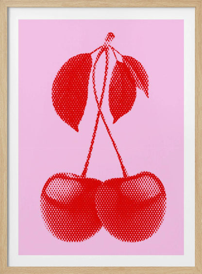 A pop art style print of two bright red cherries with stems and leaves, rendered in a halftone dot pattern against a solid light pink background, enclosed in a simple black frame. Wall Art