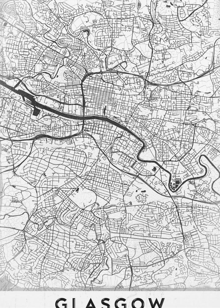 A minimalist black and white art print of a Glasgow city map, featuring a detailed network of streets and the River Clyde, all enclosed in a simple black frame. The city name 'GLASGOW' is displayed in bold at the bottom. Wall Art