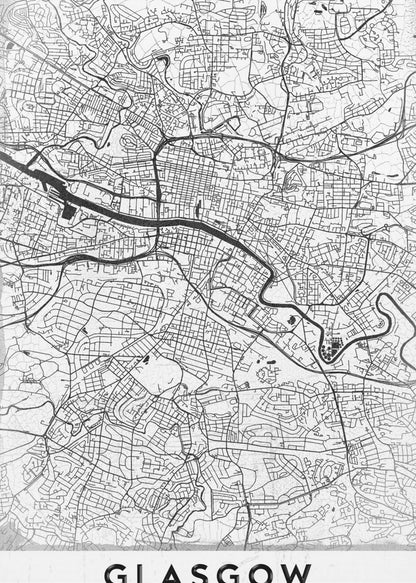 A minimalist black and white art print of a Glasgow city map, featuring a detailed network of streets and the River Clyde, all enclosed in a simple black frame. The city name 'GLASGOW' is displayed in bold at the bottom. Wall Art