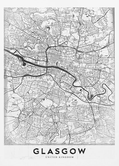 A minimalist black and white art print of a Glasgow city map, featuring a detailed network of streets and the River Clyde, all enclosed in a simple black frame. The city name 'GLASGOW' is displayed in bold at the bottom. Wall Art