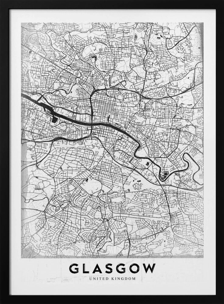 A minimalist black and white art print of a Glasgow city map, featuring a detailed network of streets and the River Clyde, all enclosed in a simple black frame. The city name 'GLASGOW' is displayed in bold at the bottom. Wall Art