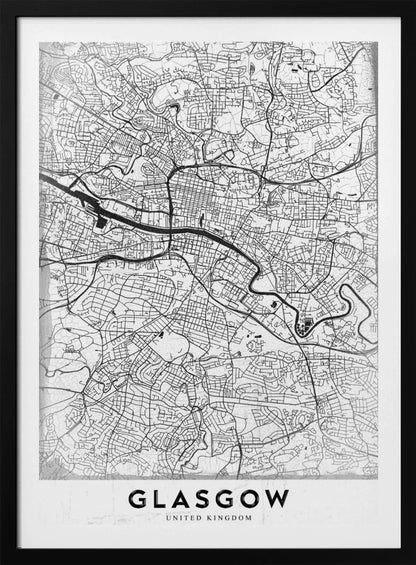 A minimalist black and white art print of a Glasgow city map, featuring a detailed network of streets and the River Clyde, all enclosed in a simple black frame. The city name 'GLASGOW' is displayed in bold at the bottom. Wall Art