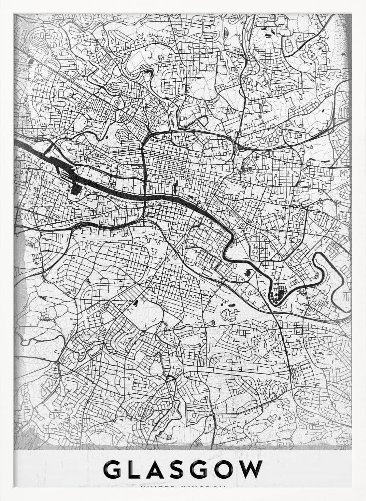 A minimalist black and white art print of a Glasgow city map, featuring a detailed network of streets and the River Clyde, all enclosed in a simple black frame. The city name 'GLASGOW' is displayed in bold at the bottom. Wall Art