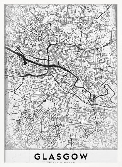 A minimalist black and white art print of a Glasgow city map, featuring a detailed network of streets and the River Clyde, all enclosed in a simple black frame. The city name 'GLASGOW' is displayed in bold at the bottom. Wall Art