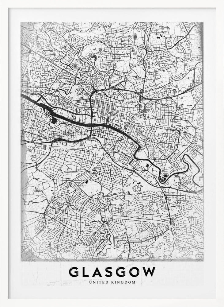 A minimalist black and white art print of a Glasgow city map, featuring a detailed network of streets and the River Clyde, all enclosed in a simple black frame. The city name 'GLASGOW' is displayed in bold at the bottom. Wall Art