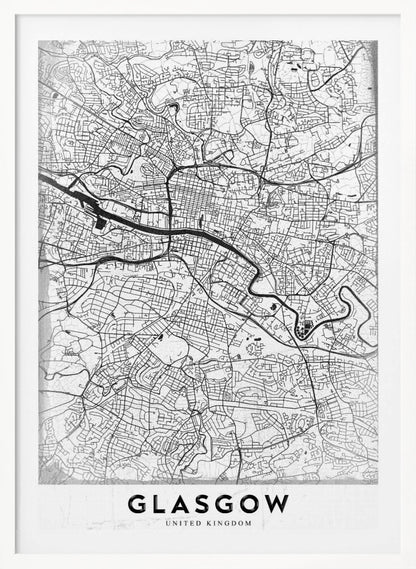 A minimalist black and white art print of a Glasgow city map, featuring a detailed network of streets and the River Clyde, all enclosed in a simple black frame. The city name 'GLASGOW' is displayed in bold at the bottom. Wall Art