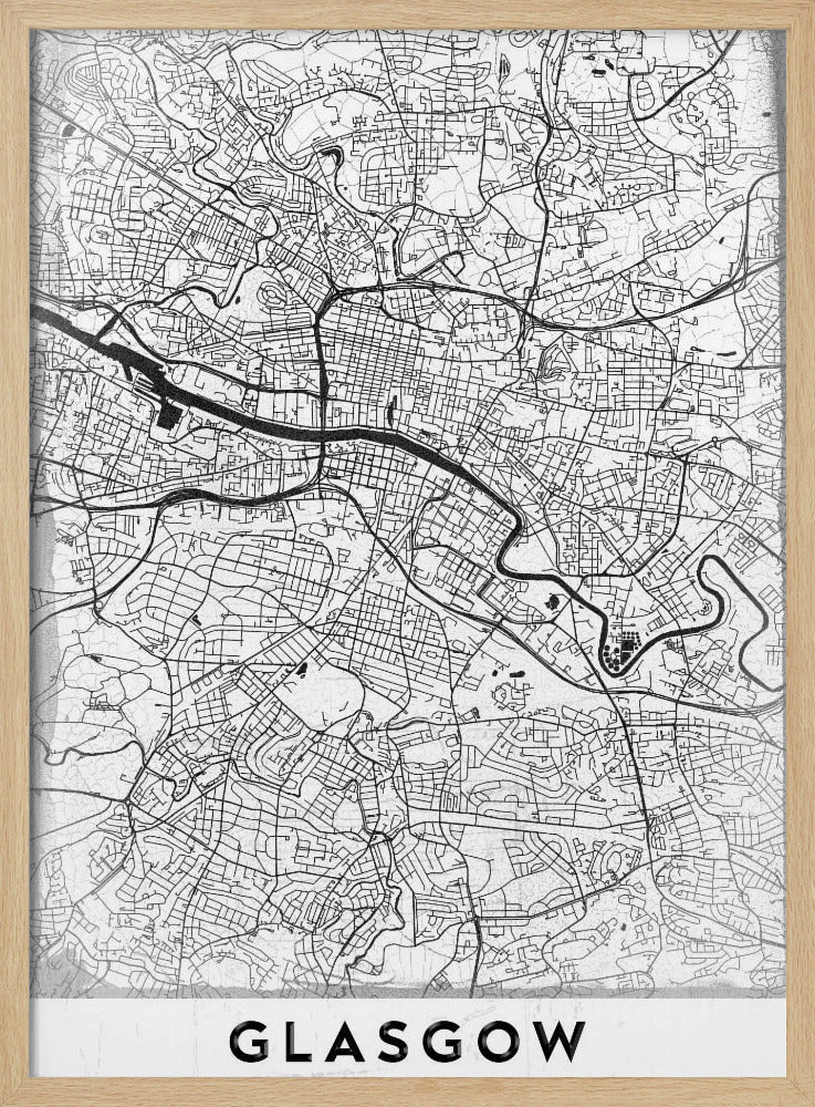 A minimalist black and white art print of a Glasgow city map, featuring a detailed network of streets and the River Clyde, all enclosed in a simple black frame. The city name 'GLASGOW' is displayed in bold at the bottom. Wall Art