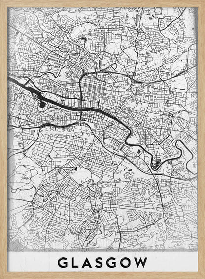 A minimalist black and white art print of a Glasgow city map, featuring a detailed network of streets and the River Clyde, all enclosed in a simple black frame. The city name 'GLASGOW' is displayed in bold at the bottom. Wall Art