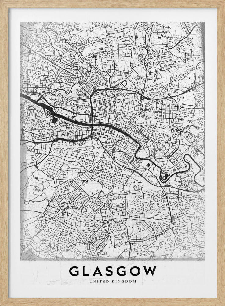 A minimalist black and white art print of a Glasgow city map, featuring a detailed network of streets and the River Clyde, all enclosed in a simple black frame. The city name 'GLASGOW' is displayed in bold at the bottom. Wall Art
