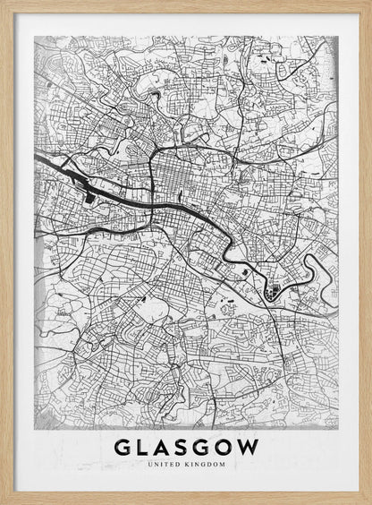 A minimalist black and white art print of a Glasgow city map, featuring a detailed network of streets and the River Clyde, all enclosed in a simple black frame. The city name 'GLASGOW' is displayed in bold at the bottom. Wall Art