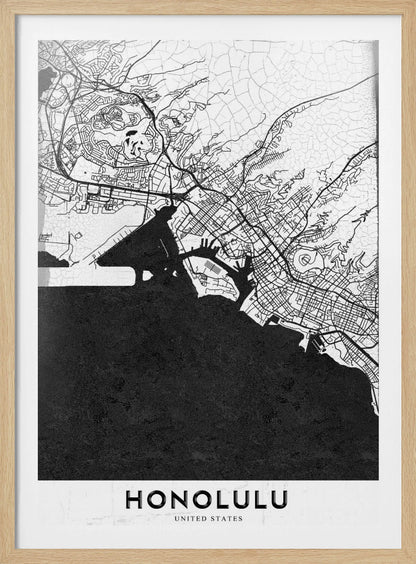 A framed, minimalist black and white map of Honolulu, Hawaii. The city's streets and coastline are rendered in black lines on a white background, while the ocean is a solid, textured black. The word 'HONOLULU' is printed in black sans-serif font at the bottom. Artwork