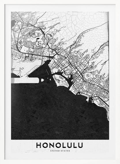 A framed, minimalist black and white map of Honolulu, Hawaii. The city's streets and coastline are rendered in black lines on a white background, while the ocean is a solid, textured black. The word 'HONOLULU' is printed in black sans-serif font at the bottom. Artwork