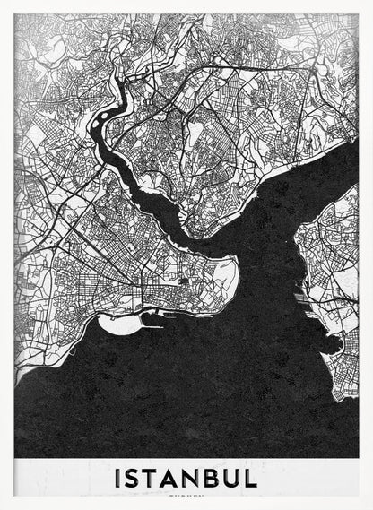 A modern black and white framed poster of a city map of Istanbul. The land is depicted in white with intricate black lines representing streets, while the bodies of water like the Bosphorus are shown in solid textured black. A white banner at the bottom displays the word 'ISTANBUL' in a bold, black, sans-serif font. Artwork