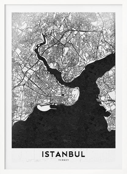 A modern black and white framed poster of a city map of Istanbul. The land is depicted in white with intricate black lines representing streets, while the bodies of water like the Bosphorus are shown in solid textured black. A white banner at the bottom displays the word 'ISTANBUL' in a bold, black, sans-serif font. Artwork