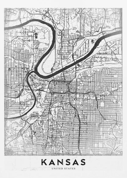 A modern, black and white line-art map of Kansas City, displayed in a black frame. The map details the intricate grid of streets and the winding path of a major river. At the bottom, a white border contains the word 'KANSAS' in bold, black capital letters. Artwork