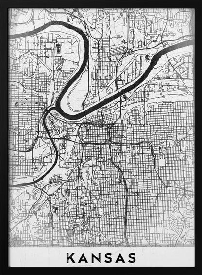 A modern, black and white line-art map of Kansas City, displayed in a black frame. The map details the intricate grid of streets and the winding path of a major river. At the bottom, a white border contains the word 'KANSAS' in bold, black capital letters. Artwork