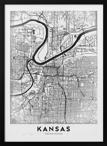 A modern, black and white line-art map of Kansas City, displayed in a black frame. The map details the intricate grid of streets and the winding path of a major river. At the bottom, a white border contains the word 'KANSAS' in bold, black capital letters. Artwork