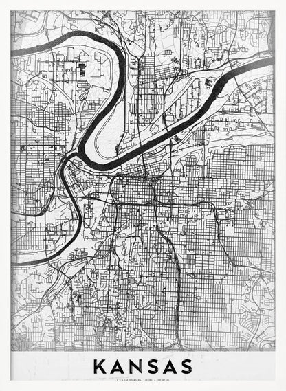 A modern, black and white line-art map of Kansas City, displayed in a black frame. The map details the intricate grid of streets and the winding path of a major river. At the bottom, a white border contains the word 'KANSAS' in bold, black capital letters. Artwork
