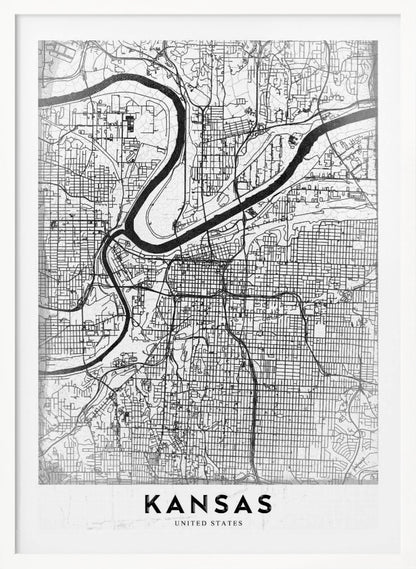 A modern, black and white line-art map of Kansas City, displayed in a black frame. The map details the intricate grid of streets and the winding path of a major river. At the bottom, a white border contains the word 'KANSAS' in bold, black capital letters. Artwork