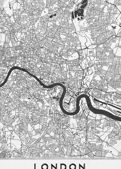 A minimalist black and white map of London, featuring the River Thames snaking through a detailed network of streets. The map is enclosed in a simple black frame, with the word 'LONDON' printed in a bold, modern font at the bottom. Artwork