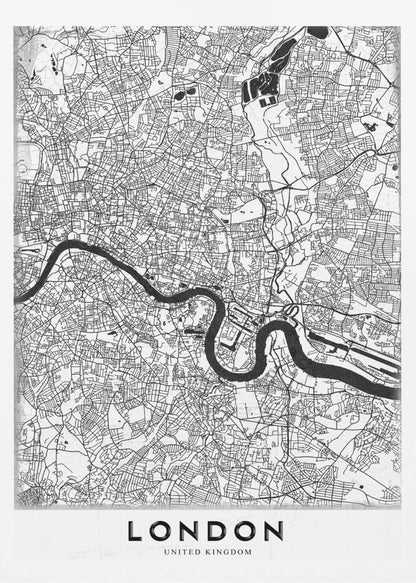 A minimalist black and white map of London, featuring the River Thames snaking through a detailed network of streets. The map is enclosed in a simple black frame, with the word 'LONDON' printed in a bold, modern font at the bottom. Artwork