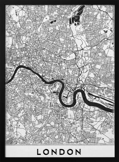 A minimalist black and white map of London, featuring the River Thames snaking through a detailed network of streets. The map is enclosed in a simple black frame, with the word 'LONDON' printed in a bold, modern font at the bottom. Artwork
