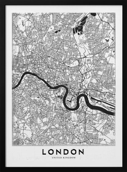 A minimalist black and white map of London, featuring the River Thames snaking through a detailed network of streets. The map is enclosed in a simple black frame, with the word 'LONDON' printed in a bold, modern font at the bottom. Artwork