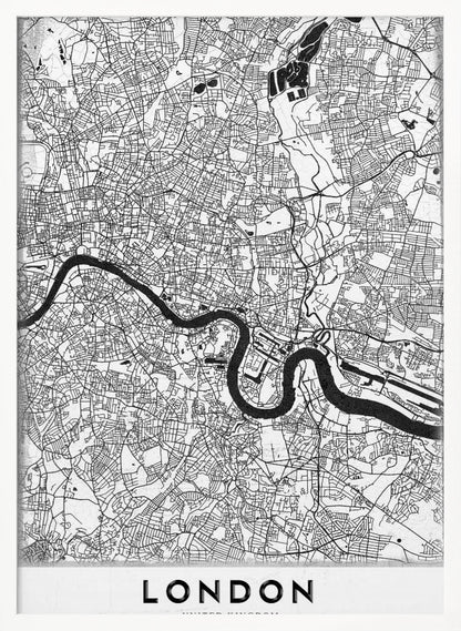 A minimalist black and white map of London, featuring the River Thames snaking through a detailed network of streets. The map is enclosed in a simple black frame, with the word 'LONDON' printed in a bold, modern font at the bottom. Artwork