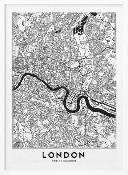A minimalist black and white map of London, featuring the River Thames snaking through a detailed network of streets. The map is enclosed in a simple black frame, with the word 'LONDON' printed in a bold, modern font at the bottom. Artwork
