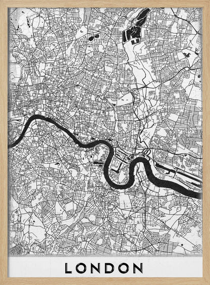 A minimalist black and white map of London, featuring the River Thames snaking through a detailed network of streets. The map is enclosed in a simple black frame, with the word 'LONDON' printed in a bold, modern font at the bottom. Artwork