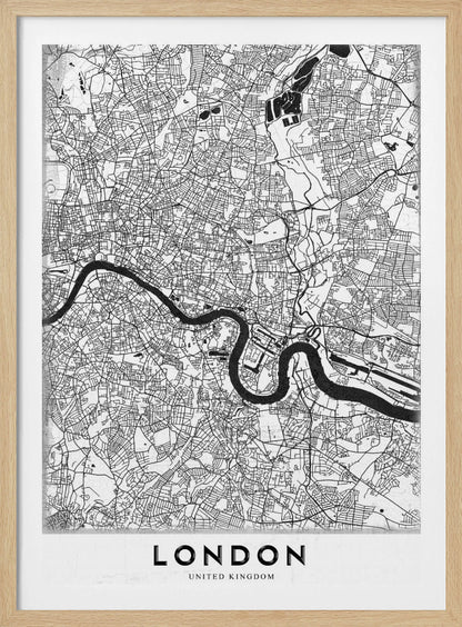 A minimalist black and white map of London, featuring the River Thames snaking through a detailed network of streets. The map is enclosed in a simple black frame, with the word 'LONDON' printed in a bold, modern font at the bottom. Artwork