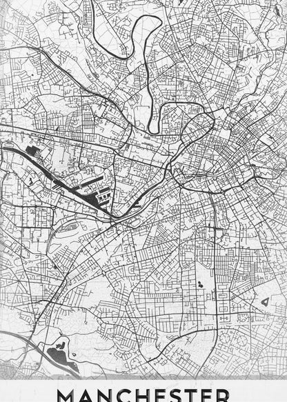 A minimalist black and white street map of Manchester, UK, displayed in a simple black frame. The map details the intricate network of roads and waterways, with the city's name 'MANCHESTER' printed in a bold, modern font at the bottom. Wall Art