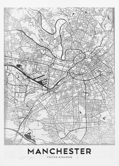 A minimalist black and white street map of Manchester, UK, displayed in a simple black frame. The map details the intricate network of roads and waterways, with the city's name 'MANCHESTER' printed in a bold, modern font at the bottom. Wall Art