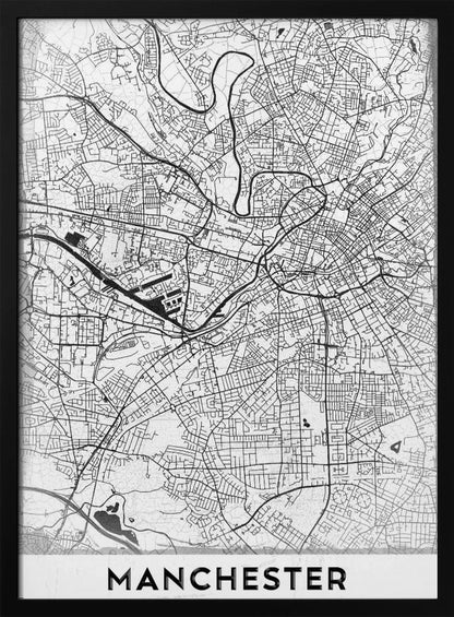 A minimalist black and white street map of Manchester, UK, displayed in a simple black frame. The map details the intricate network of roads and waterways, with the city's name 'MANCHESTER' printed in a bold, modern font at the bottom. Wall Art