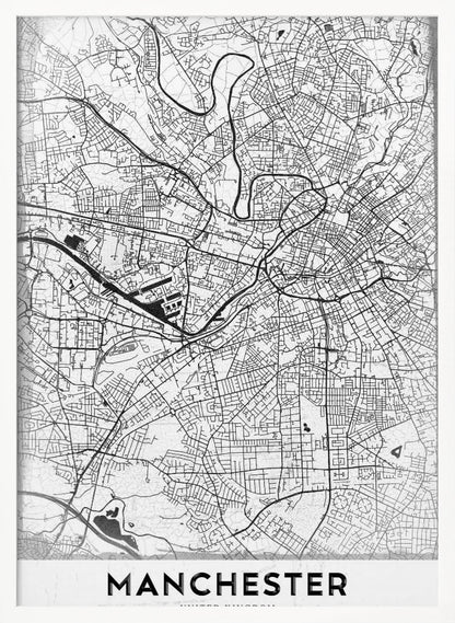 A minimalist black and white street map of Manchester, UK, displayed in a simple black frame. The map details the intricate network of roads and waterways, with the city's name 'MANCHESTER' printed in a bold, modern font at the bottom. Wall Art