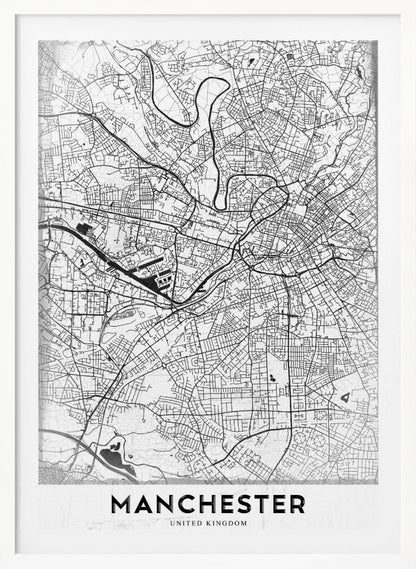 A minimalist black and white street map of Manchester, UK, displayed in a simple black frame. The map details the intricate network of roads and waterways, with the city's name 'MANCHESTER' printed in a bold, modern font at the bottom. Wall Art