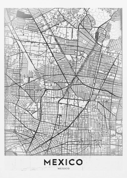 A modern, minimalist black and white art print of a street map of Mexico City, enclosed in a simple black frame. The intricate road network is depicted with black lines on a textured white background. The word 'MEXICO' is printed in bold, black capital letters at the bottom. Print
