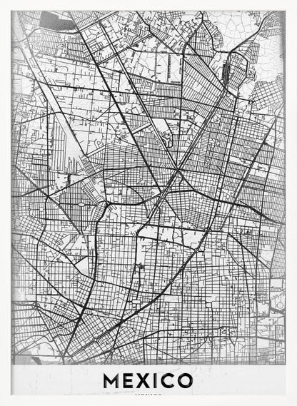 A modern, minimalist black and white art print of a street map of Mexico City, enclosed in a simple black frame. The intricate road network is depicted with black lines on a textured white background. The word 'MEXICO' is printed in bold, black capital letters at the bottom. Print