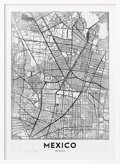 A modern, minimalist black and white art print of a street map of Mexico City, enclosed in a simple black frame. The intricate road network is depicted with black lines on a textured white background. The word 'MEXICO' is printed in bold, black capital letters at the bottom. Print