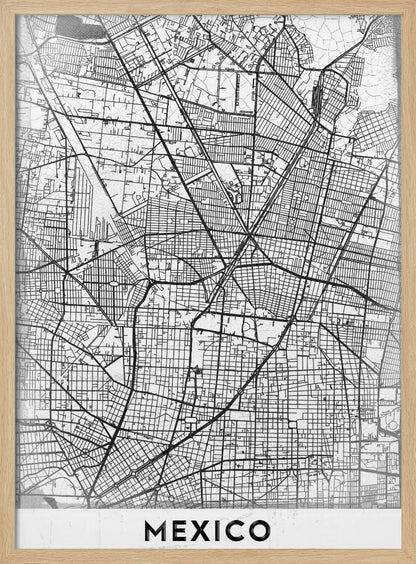 A modern, minimalist black and white art print of a street map of Mexico City, enclosed in a simple black frame. The intricate road network is depicted with black lines on a textured white background. The word 'MEXICO' is printed in bold, black capital letters at the bottom. Print