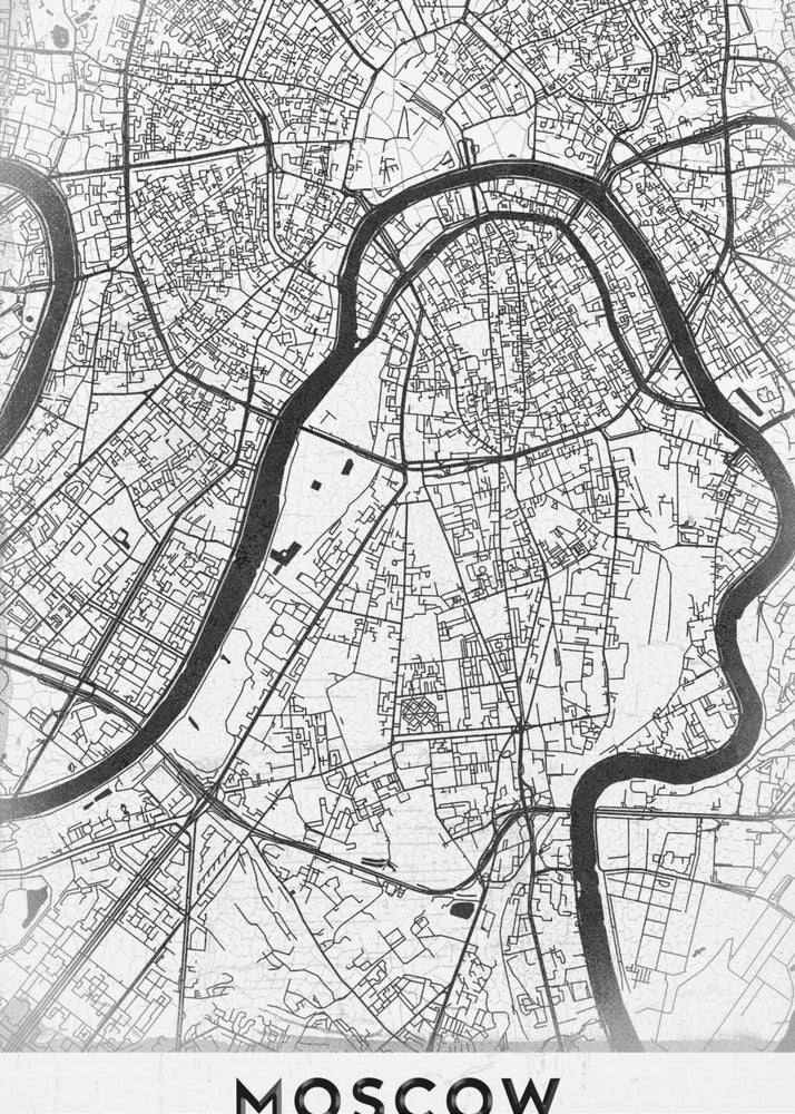 A framed, minimalist black and white street map of Moscow, Russia. The map details the intricate road network and the winding Moskva River. The word 'MOSCOW' is printed in large, black capital letters at the bottom. Print