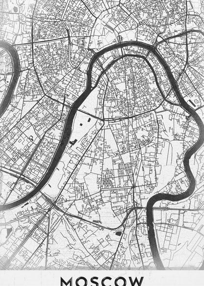 A framed, minimalist black and white street map of Moscow, Russia. The map details the intricate road network and the winding Moskva River. The word 'MOSCOW' is printed in large, black capital letters at the bottom. Print
