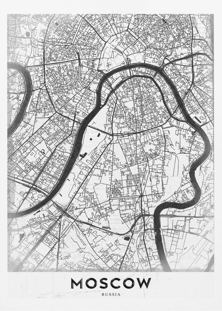 A framed, minimalist black and white street map of Moscow, Russia. The map details the intricate road network and the winding Moskva River. The word 'MOSCOW' is printed in large, black capital letters at the bottom. Print