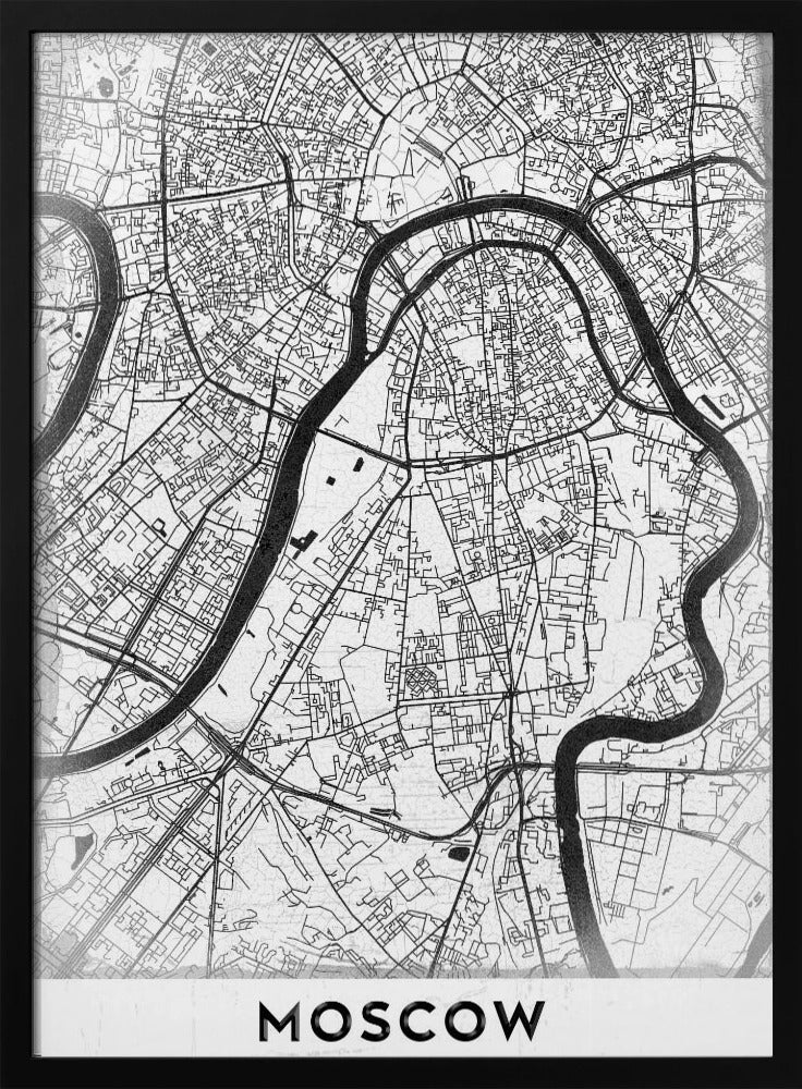 A framed, minimalist black and white street map of Moscow, Russia. The map details the intricate road network and the winding Moskva River. The word 'MOSCOW' is printed in large, black capital letters at the bottom. Print