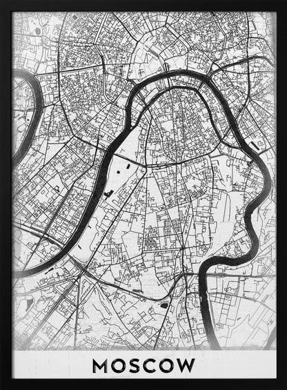 A framed, minimalist black and white street map of Moscow, Russia. The map details the intricate road network and the winding Moskva River. The word 'MOSCOW' is printed in large, black capital letters at the bottom. Print