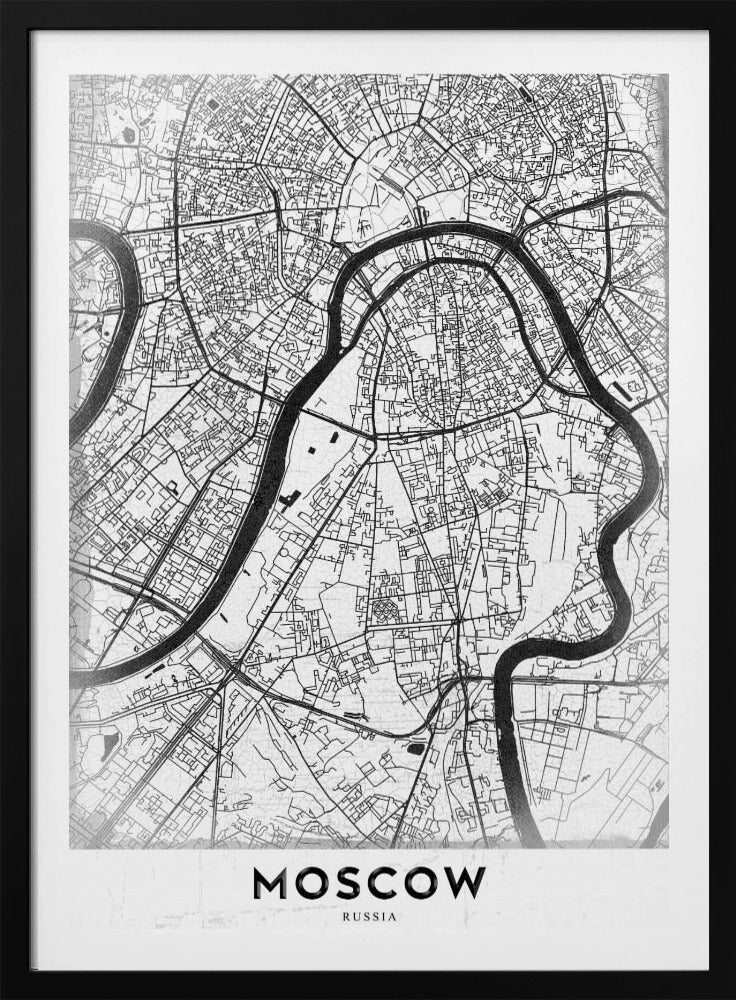 A framed, minimalist black and white street map of Moscow, Russia. The map details the intricate road network and the winding Moskva River. The word 'MOSCOW' is printed in large, black capital letters at the bottom. Print